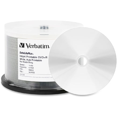 Verbatim DataLifePlus 4.7GB 8X DVD+R White Inkjet Printable, Hub Printable 50 Packs Cake Box Disc graphic relating to Printable Dvd Rs named Verbatim DataLifePlus 4.7GB 8X DVD+R White Inkjet Printable, Hub Printable 50 Packs Cake Box Disc